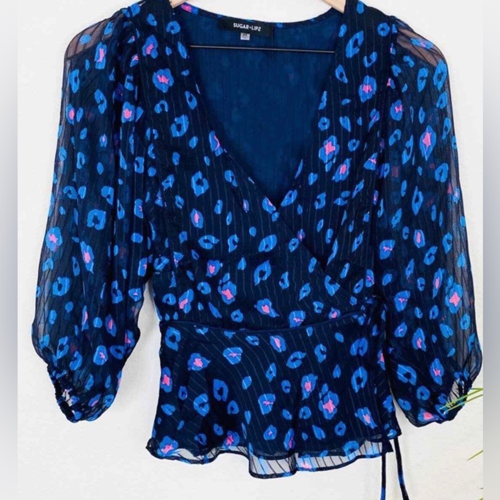 SugarLips blue Cheetah wrap top ,Size S